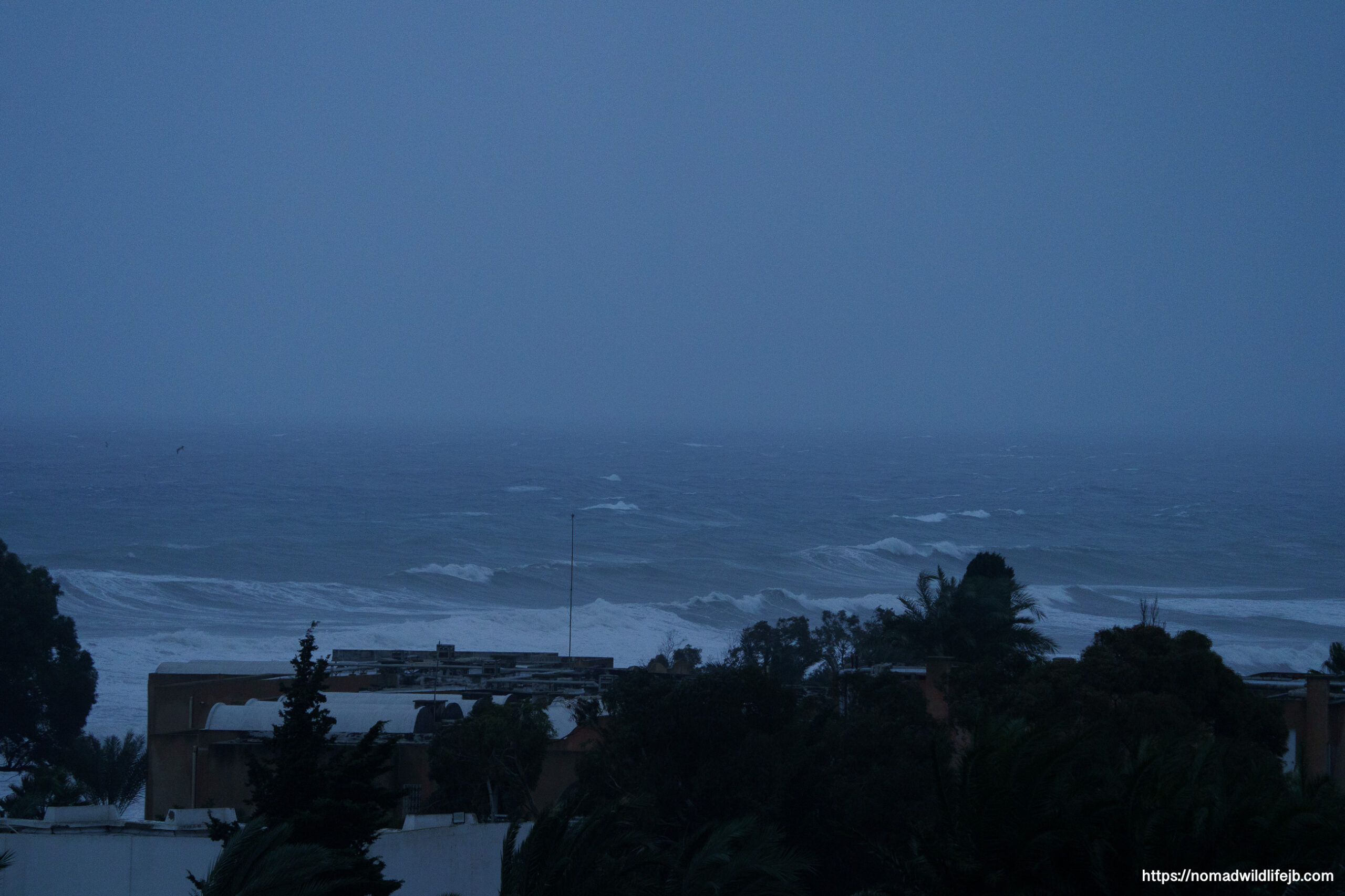 Storm-darkened sea and coastline under heavy rain near Hammamet