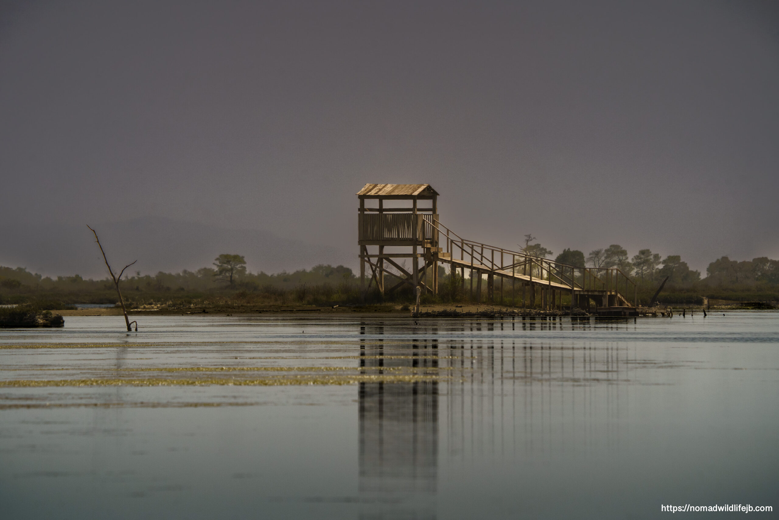 Karavasta Lagoon lookout tower over still water in Albania