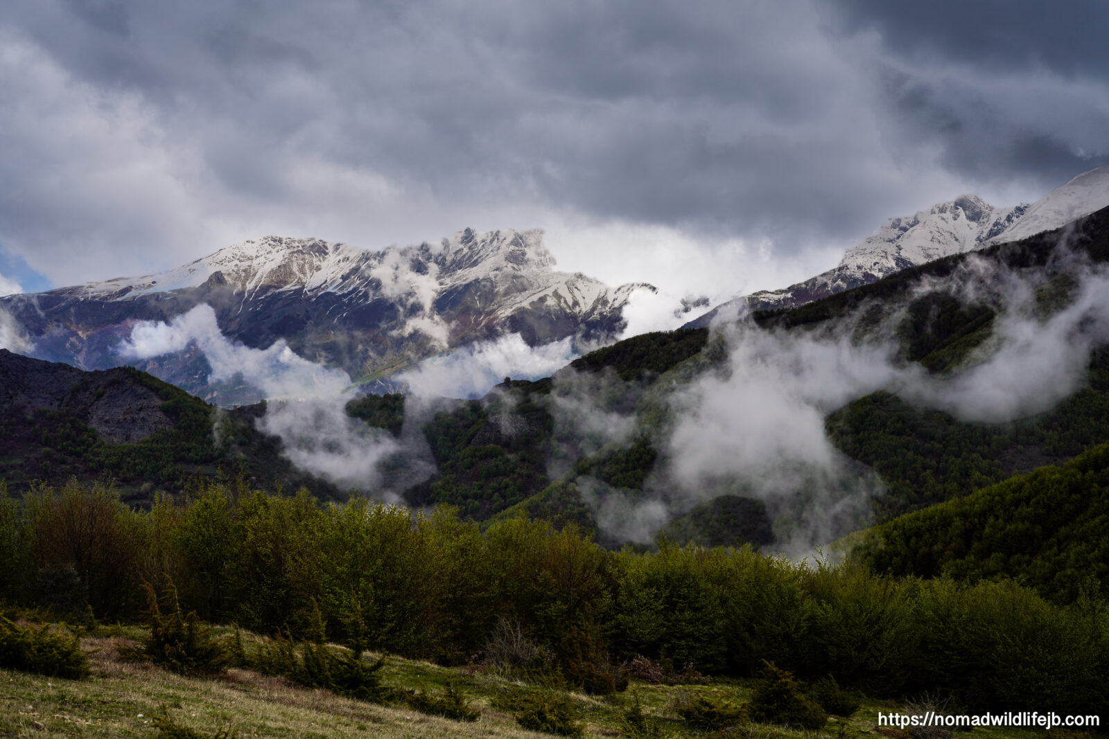 Fog drifting through forested mountains below snowcapped peaks near Bulqizë, Albania.