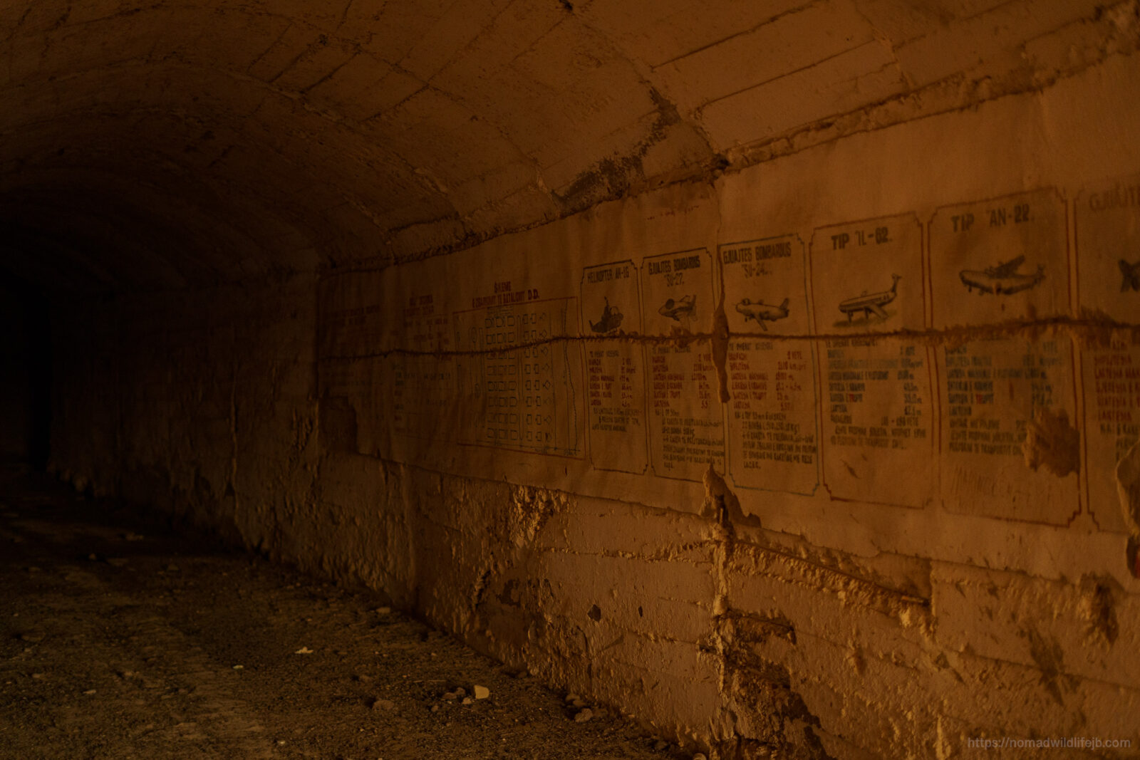 Aircraft recognition charts painted on the interior wall of an abandoned Cold War bunker overlooking Sazan Island, Albania.