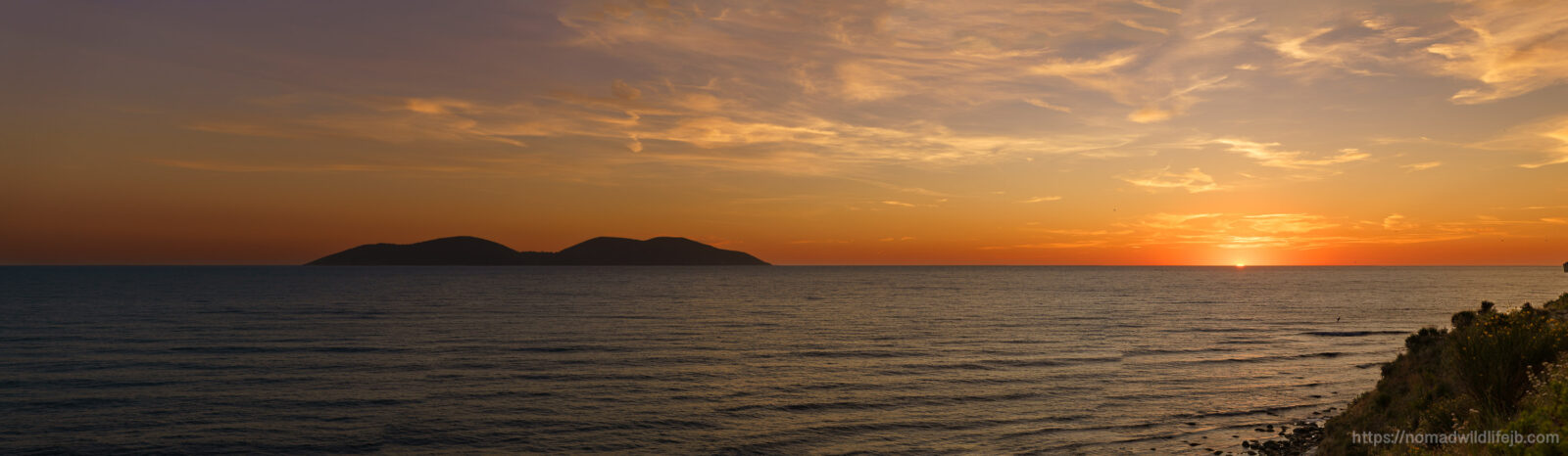 Sazan Island silhouetted beneath a Mediterranean sunset viewed from the Vjosa-Narta Protected Area in Albania.