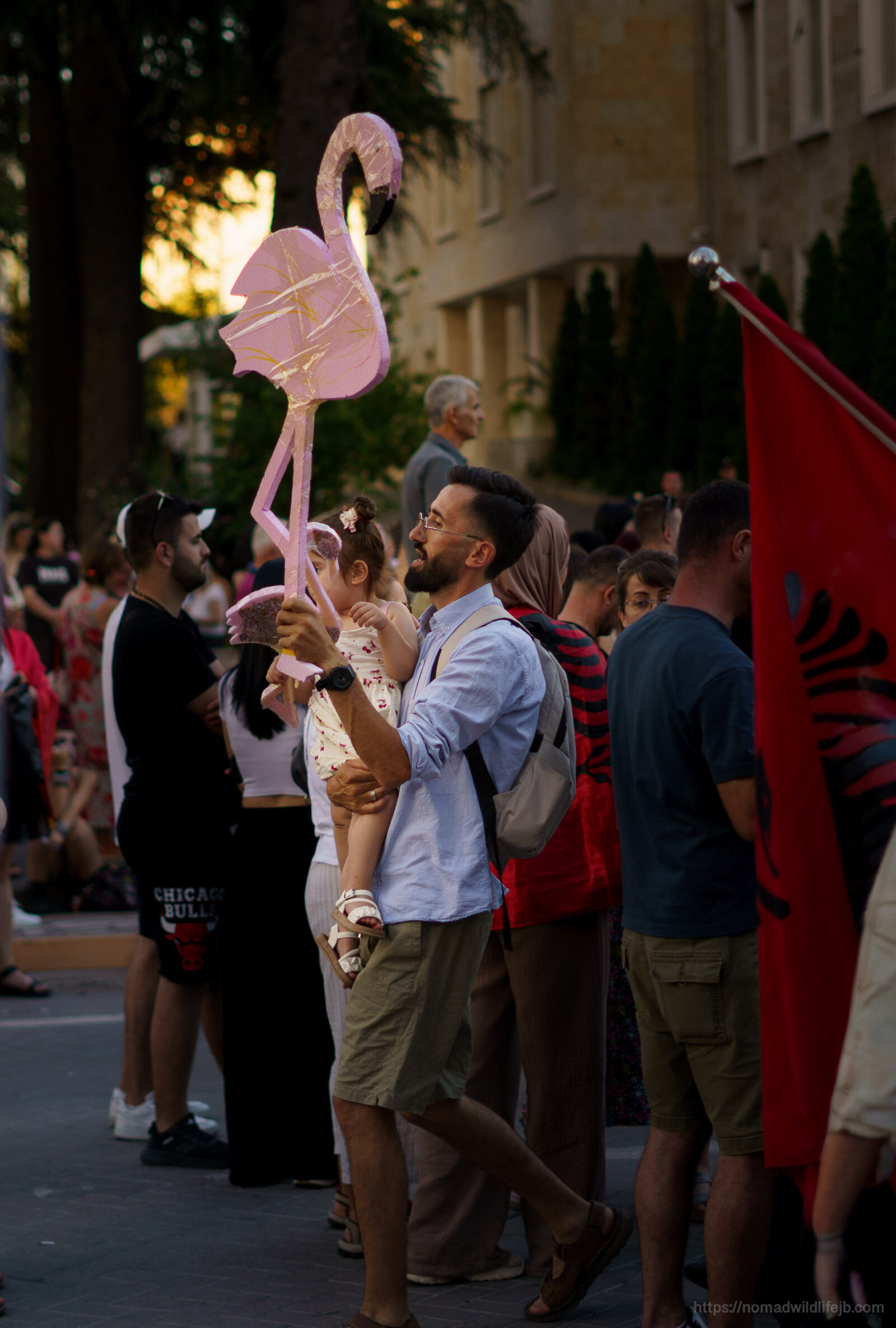 A father holds his child while carrying a handmade pink flamingo sign at a protest in Tirana.